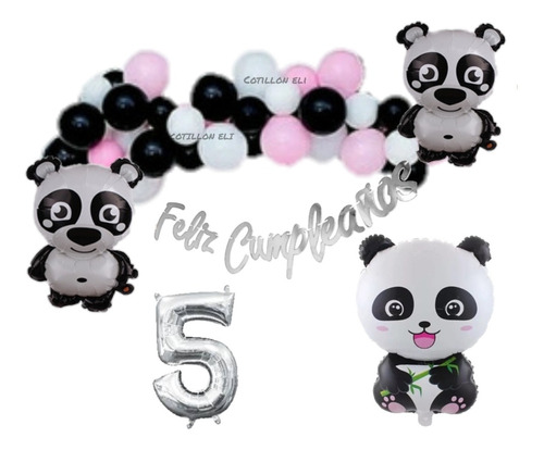 Combo Globos Panda Kid Rosa Blanco Negro Arco Oso