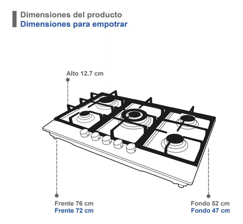 ESTUFA PARRILLA EMPOTRABLE DE 5 QUEMADORES DE CRISTAL TEMPLADO / ENCENDIDO  ELECTRONICO / SOPORTES DE HIERRO FUNDIDO / COMPATIBLE