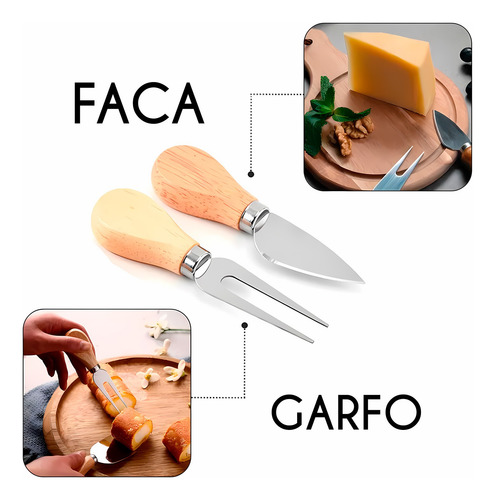 Conjunto 04 Facas Para Queijos Aço Inox Cabo Bambu Reforçado
