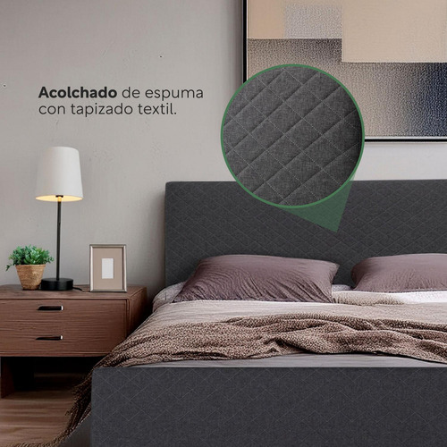 Base Para Cama Individual y Cabecera Con Tapizado Estructura Metal Madera Box Gris KingsHouse