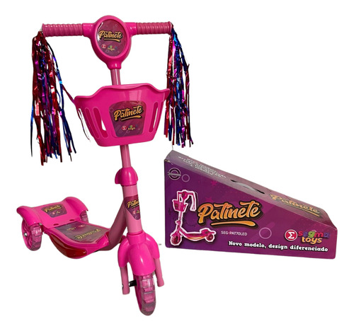 Patinete Infantil Menina Musical 3 Rodas Com Cestinho Luzes