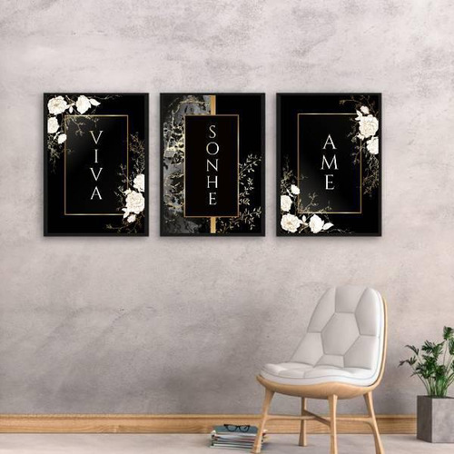 Kit 03 Quadros Decorativos Viva Sonhe Ame Preto