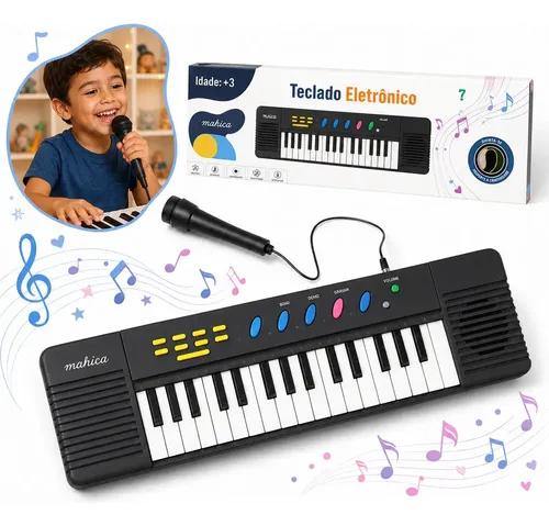 Teclado Infantil 32 Teclas Com Microfone Karaokê Brinquedo Presente Crianças Musical Educativo Kizumba Cor Preto - R$ 44