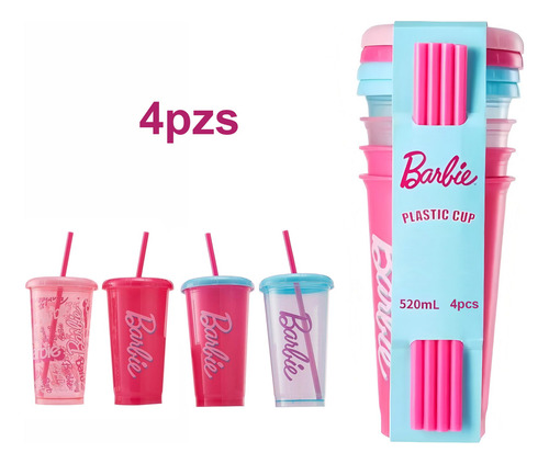 Miniso Juego De 4 Vasos De Barbie Con Tapa Y Popote 520ml