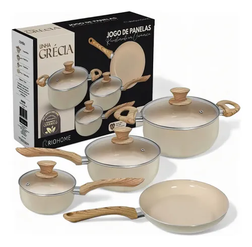 Jogo/conjunto/kit De Panelas Cerâmica Com 4 Pcs Antiaderente Cor Bege
