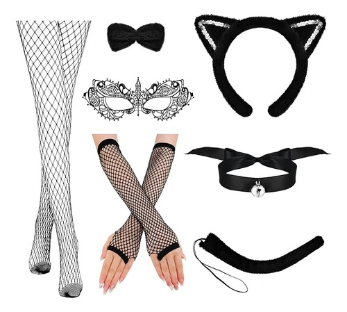 7 Piezas Disfraz Gato Negro Para Mujer Accesorios Halloween