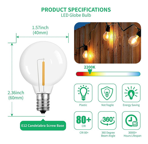 Imagen 2 de 6 de Bombillos G40 E12 Guirnalda Extensión Luces Paquete X 10unid