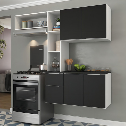 Armário Cozinha Compacta Com Balcão Sofia Multimóveis V2002 Cor Branco/Preto