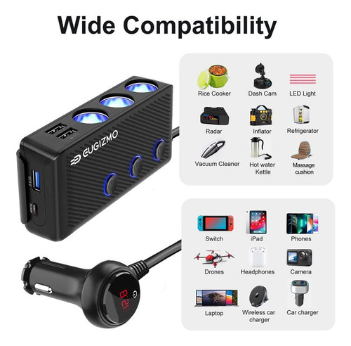 Divisor De Isqueiro De Carro Eugizmo 200w Com 3 Soquetes Com