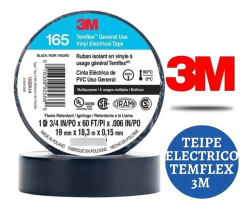 Teipe 3m Cinta Aislante Eléctrica De Pvc Temflex # 165 18.3m