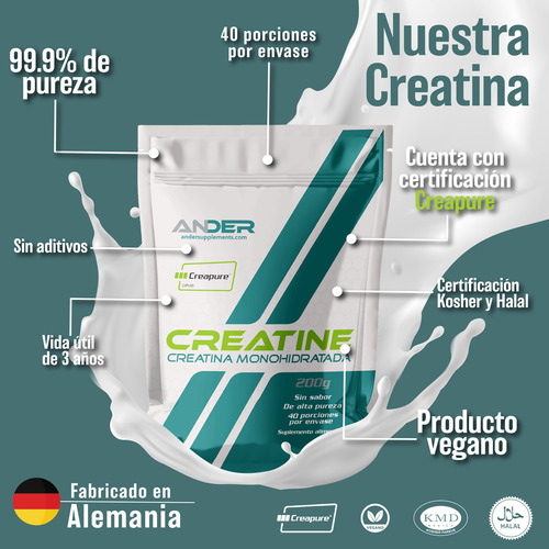 Creatina Monohidratada Ander En Polvo 100 % Pura Creapure 200 Gr Sabor Sin Sabor