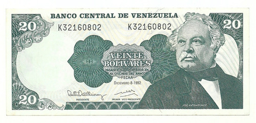 Billetes Bs. 20 K8 Diciembre 8 1992 Xf