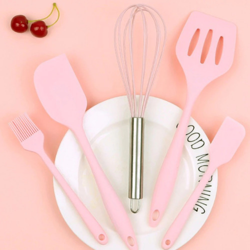 Kit 5pçs Utensilio Cozinha Colher Espatula Silicone Maciço Cor Rosa