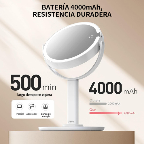 Espejo Maquillaje Led Doble Cara Portátil - 1x/10x Aumento, Retráctil, Luz