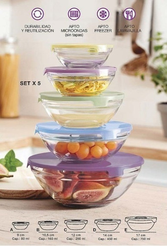 Set 5 Bowls Vidrio Con Tapa Plastica Colores Carol 