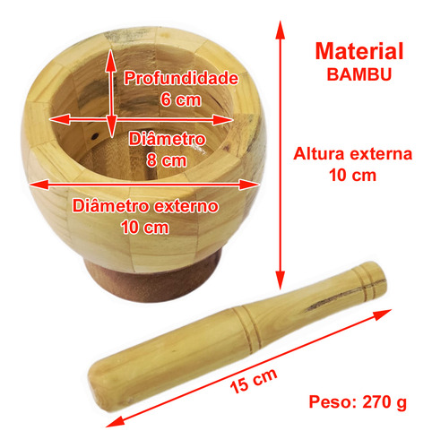 Pilão Em Bambu Com Socador Para Temperos E Condimentos
