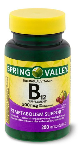Vitamina B12 500 mg Spring Valley 200 comprimidos Sabor a cereza Metabolism
