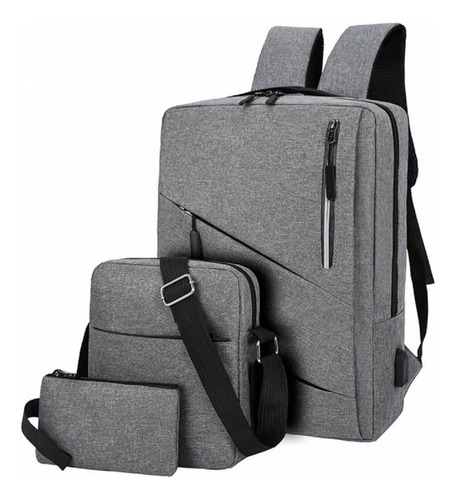 Set De Morral + Carriel + Cartuchera Escolar Oficina Gris