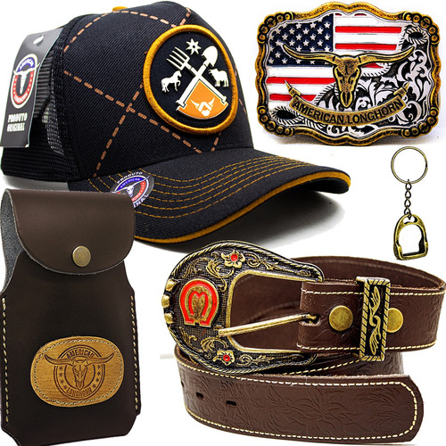 Kit Presente Bone American Cowboy Cinto Capa Fivela Chaveiro