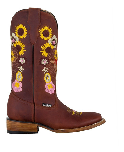 Botas Vaqueras De Dama De Piel Bordado De Cráneo Y Girasoles