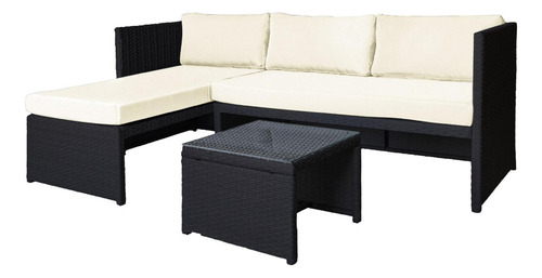 Sillas De Comedor Juego Sala Exterior Esquinera Derecha Beige Con Negro Mueble Ratán Con Mesa De Centro Con Vidrio Templado Resistente Al Agua Los Rayos Uv Para Patio, Terraza, Aire Libre