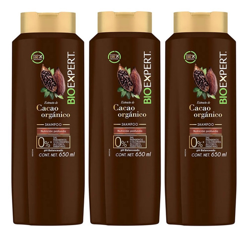 3 Shampoo Bioexpert Cacao Nutrición Profunda 650ml