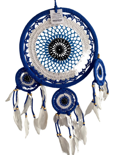 Hermoso Atrapasueños Azul Y Blanco 60cm Alto Con Plumas
