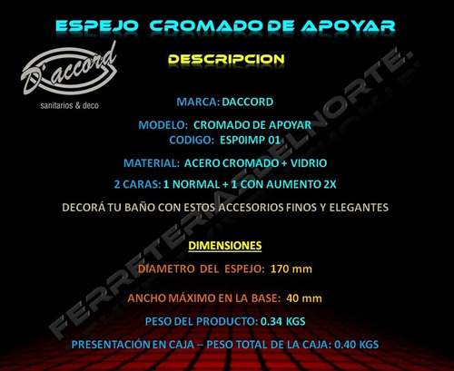 Imagen 6 de 8 de Espejo Movil C/aumento Cromado De Apoyar Daccord - Fdn