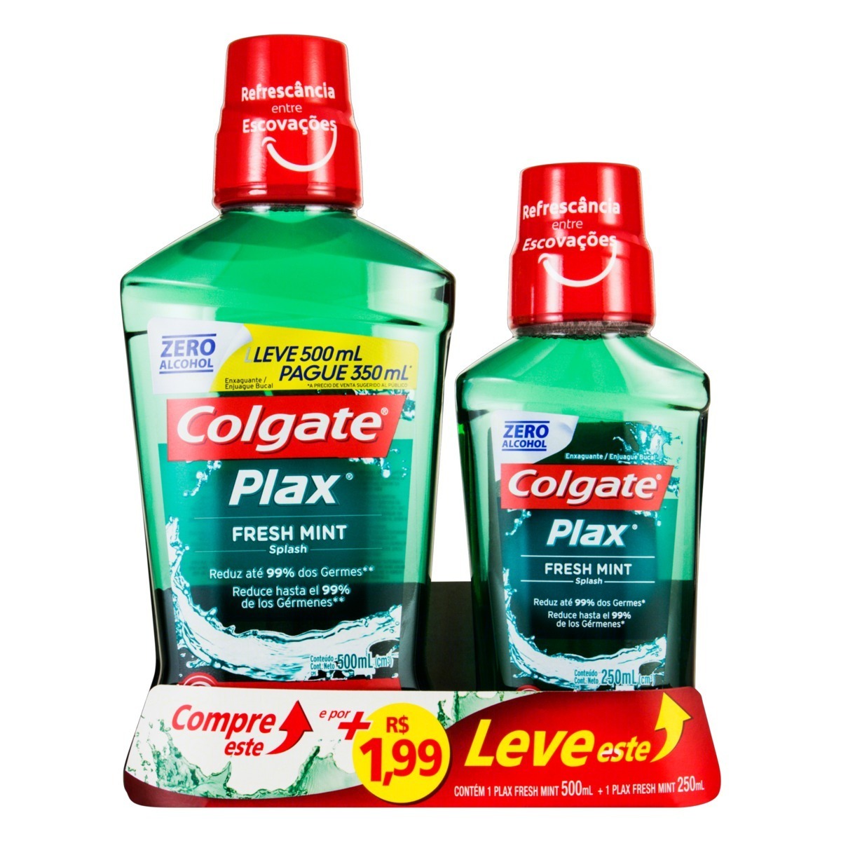 Kit Enxaguante Bucal Anticárie Zero Álcool Fresh Mint Colgate Plax Leve 500ml Pague 350ml + 250ml