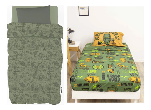 Combo Cubrecama + Juego De Sabana 1 1/2 P Piñata Verde Oscuro Dinosaurio