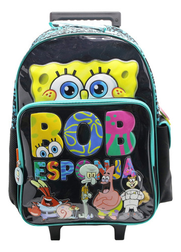 Mochila Escolar Bob Esponja Black Con Carro Color Negro Diseño De La Tela Liso