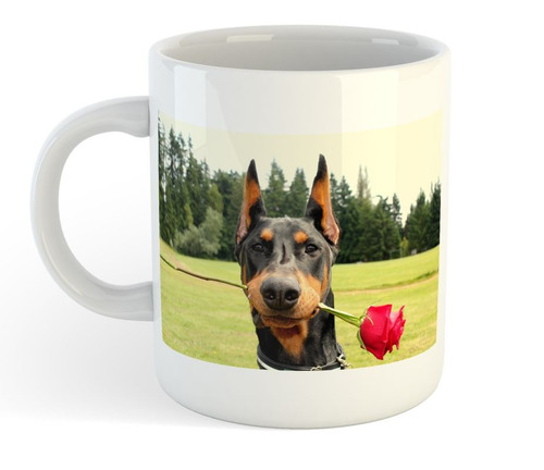 Taza De Ceramica Animales Doberman Con Rosa Dog Perro