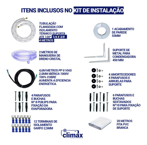 Kit Instalação Ar Inverter 9000/12000 Btus 4m Pp 6 Vias 2.5