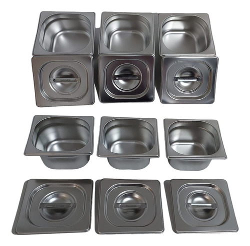 Kit  12 Cubas Gastronômicas Com Tampa Buffet Inox 1/6 100mm
