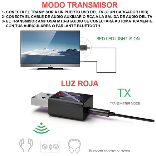 Emisor Transmisor Receptor Bluetooth Audio Tv Smart Amitosai Mts-btaudio Usb Axiliar 3.5mm Rca Streo Hd