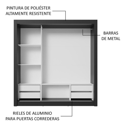 Ropero Closet Madesa 3 Puertas 2 Espejos Ng 02 Color Negro/Gris