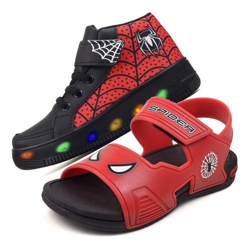 Kit Sandalia Papete Led Infantil Masculino Aranha Botinha