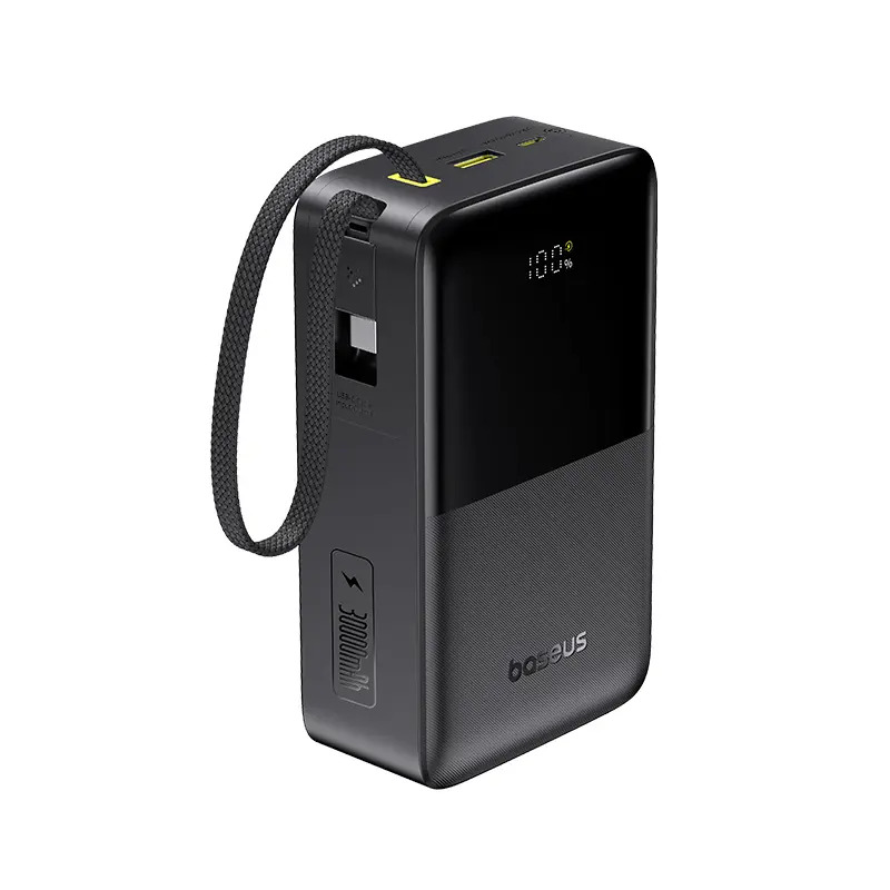 Power Bank Baseus FC51 30000mAh 22,5W Carregamento Rápido Cabo USB-C Integrado Display Digital Carrega 3 Dispositivos Proteção Inteligente Preto