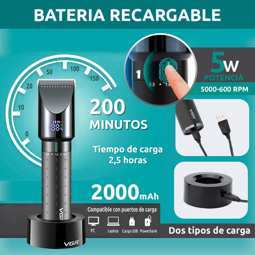 Máquina Corta Pelo Profesional Vgr V-698 Led Usb Turbo 4 Vel