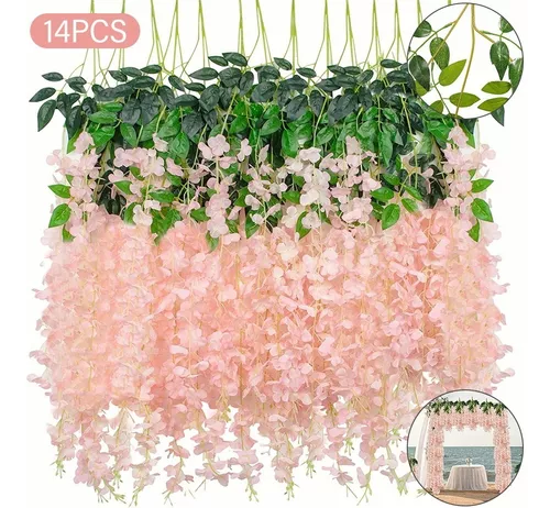 Paquete de 12 flores artificiales colgantes de glicina, flores largas de  seda para exteriores, interiores, arco de boda, telón de fondo, fiesta