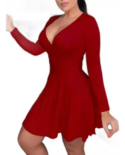 Mini Vestido Sexy Con Cuello En V Y Manga Larga Color Sólido