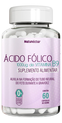 Ácido Fólico 1000mcg Vitamina Gestante Vit B9 60 Cápsulas Sabor Sem Sabor