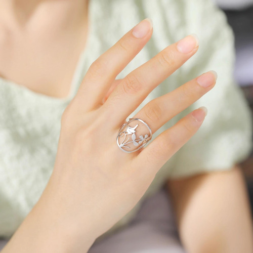 Imagen 5 de 8 de Anillo Pajaro Flor Mujer Ajustable Acero Plata Minimalista