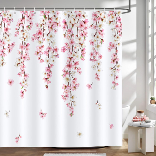 Bonhause Cortina Ducha Diseño Flor Cerezo Rosa Baño Japonesa