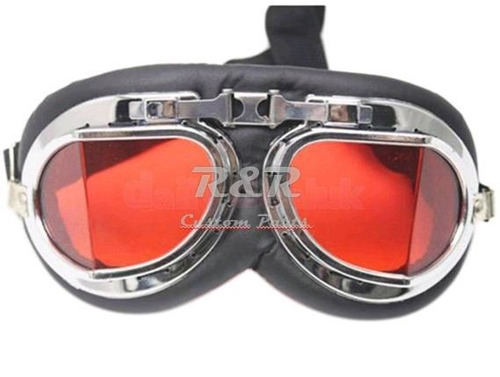 Óculos Motociclista Vintage Retro Preto/cromo Lente Vermelha