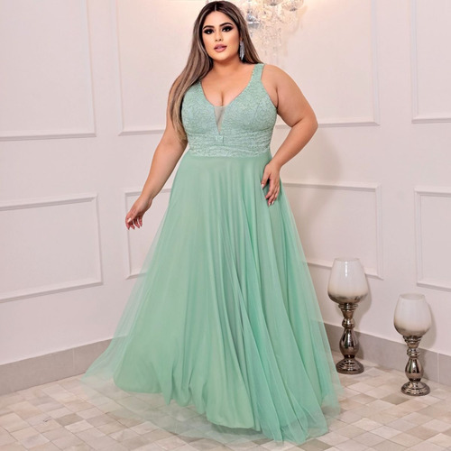 Vestido De Festa Plus Size Longo Azul Tiffany Madrinha 