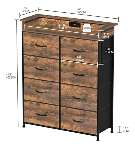 Cómoda Alta 8 Cajones Con Carga Usb Y Luces Led - Rustic Bro
