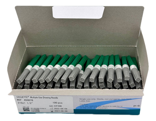 Aguja Toma Multiple Nipro 21gx38mm Verde 100 Vacuette Capacidad En Volumen 0 Cc