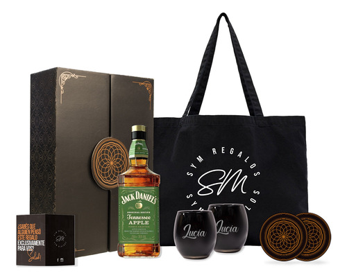 Whisky Jack Daniels Apple Box + Vasos Negros Personalizados