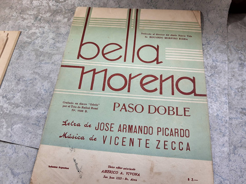 Partitura Bella Morena Paso Doble Picardo Zecca